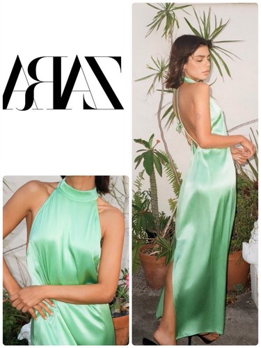 ZARA NEW SS22 LIGHT GREEN SATIN EFFECT HALTER DRESS-L | eBay