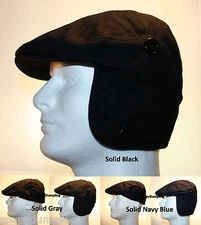 MEN WINTER WOOL IVY FLAT HAT CAP WITH EAR WARMER FLAP  SOLID BLACK GRAY NAVY G70