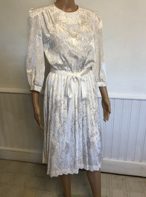 VTG Alexis Ivory Jacquard Dress Sz 8P Pleated Ribbon Belt EUC Party Wedding