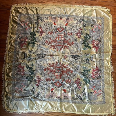 Vintage Double-Sided Silk Brocade Tablecloth Asian Scene Square 40''