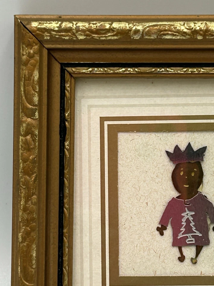 Small Handmade Folk Art Christmas Mixed Media Tin Cut-Out in Gilt Frame Vtg - Image 4 of 4