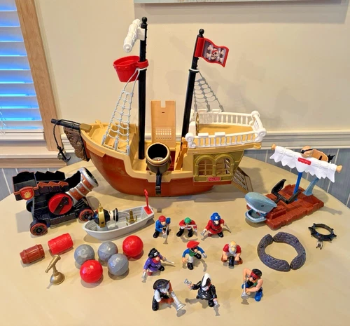 31 pc 1994 Vtg 7043 Fisher Price GREAT ADVENTURES PIRATE SHIP Shark Raft CANNON