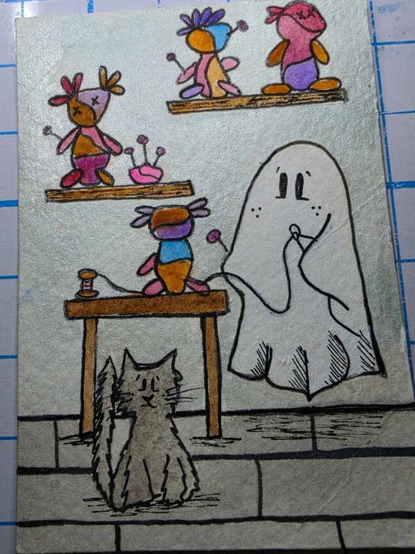ACEO Ghost with Voodoo Dolls Original Watercolor Painting ATC Wagsey_Doodles