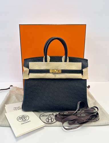 Hermès Birkin 25 Ostrich Noir Gold Hardware Brand New Full Set Receipt