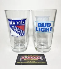 Bud Light New York Rangers NHL 16 oz Pint Beer Glasses Set Of (2) - Brand New!