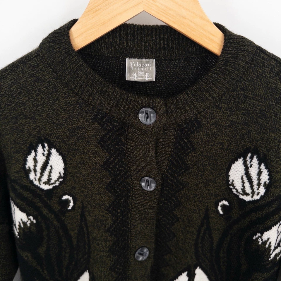 Y2K Turkish Cardigan Womens S Olive Green Floral Tulip Knit Cozy Cottage Retro - Image 2 of 4
