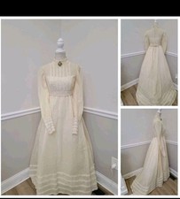 VTG Edwardian Revival Wedding Dress   High Neck Lace Long Sleeve Prairie Gown W6