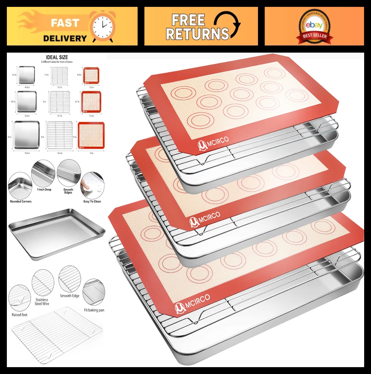 Stainless Steel Baking Sheet & Cooling Rack Set, 9-Piece with Silicone Mats, Eas
