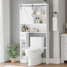 Over The Toilet Storage Cabinet, Sliding Door Bathroom Organizer w/ Shelf, White
