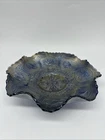 Fenton Dragon & Lotus Blue Carnival Glass Bowl with Iridescent Finish
