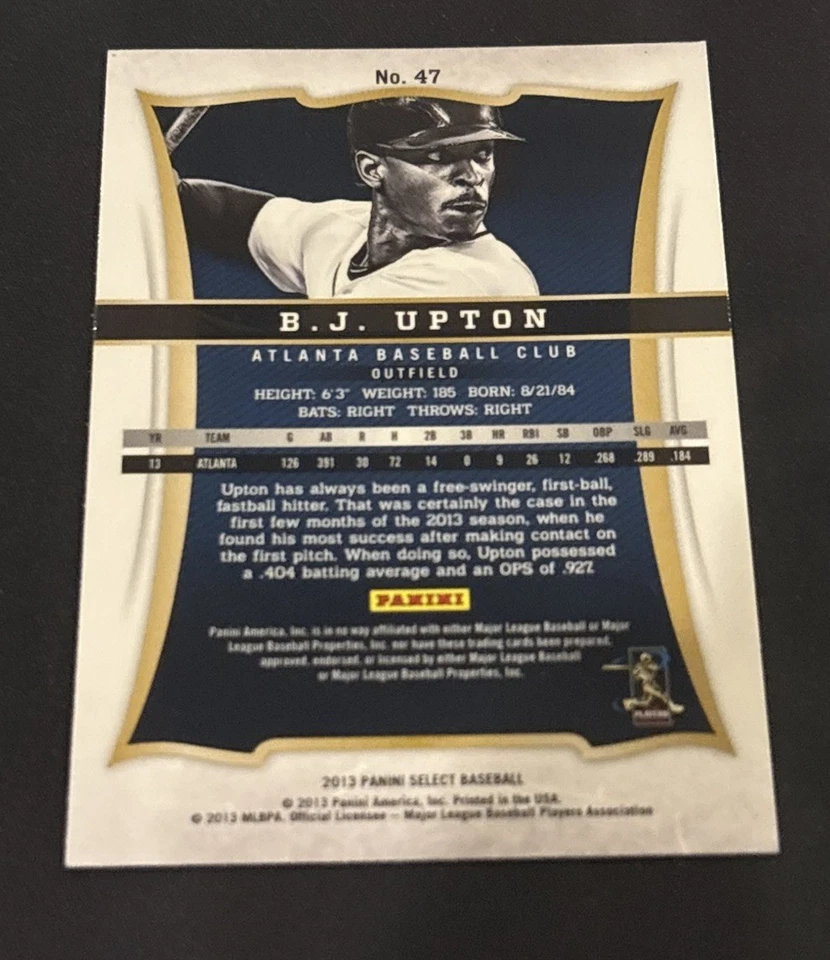 B.J. Upton Signed 2013 Panini Select In Person Auto Atlanta Braves Autograph - Image 2 of 2