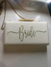 Wedding BRIDE Linen Clutch Cross Body Purse Removable Gold Chain Embroidered