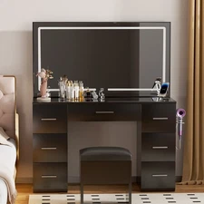 Makeup Vanity with Lights 3 Colors Glass Top Vanity Desk 7 Lighted Drawers Power