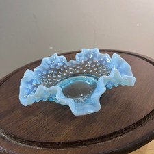 Vtg Fenton Blue Opalescent Hobnail Ruffled Edge Glass Bowl 6 Inch MCM Decor