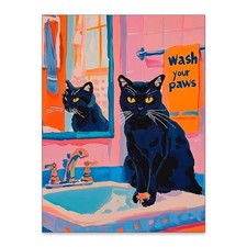 Black Cat Wash Your Paws Fun Wall Art Funky Colorful Bathroom Animal Poster P...