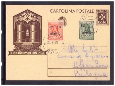 Postcard Rhodes 30 c. Maltese Cross + Espresso 1945 WAD495 #
