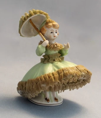 Vintage Lace Porcelain Lady Figurine w/ Parasol Green Dress Gold Accents - Image 1 of 4
