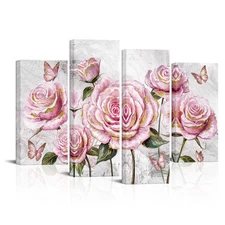 Pink Roses Wall Art Flower and Butterflies Painting Pictures Modern Girl Bedr...