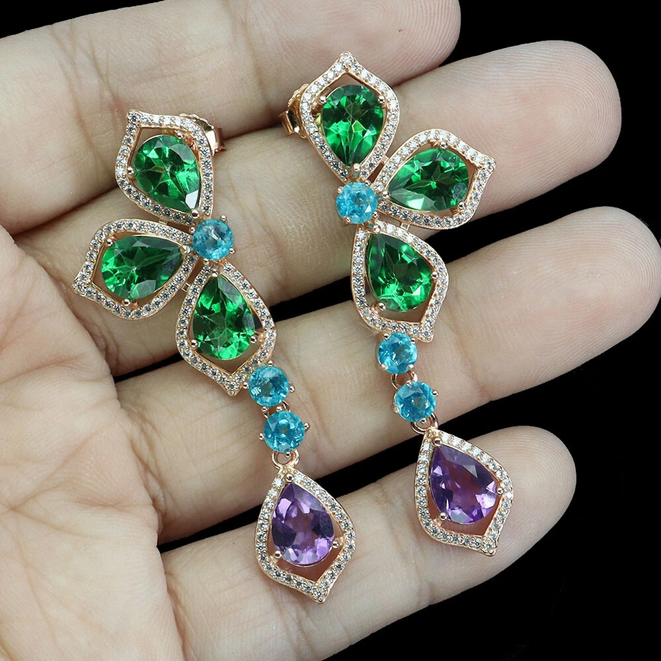 Pendientes de plata de ley 925 topacio verde pera 8x6 mm topacio azul paraiba piedras preciosas Foto 2 de 4