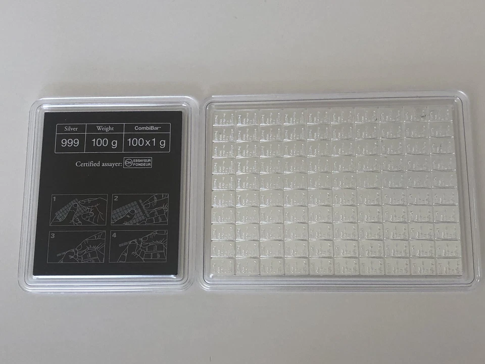 5 X 1 GRAMO 999 PLATA PURA VALCAMBI SUISSE LINGOTES Combibars Foto 4 de 4