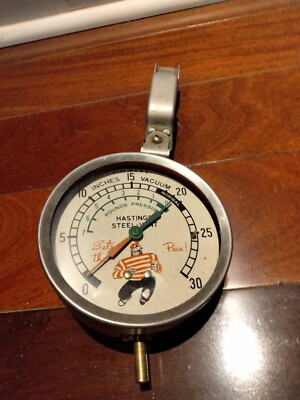 #ad VTG HASTINGS Steel Vent quot;Sets the Pacequot; Great Graphics Pressure Gauge Steampunk $14.99
