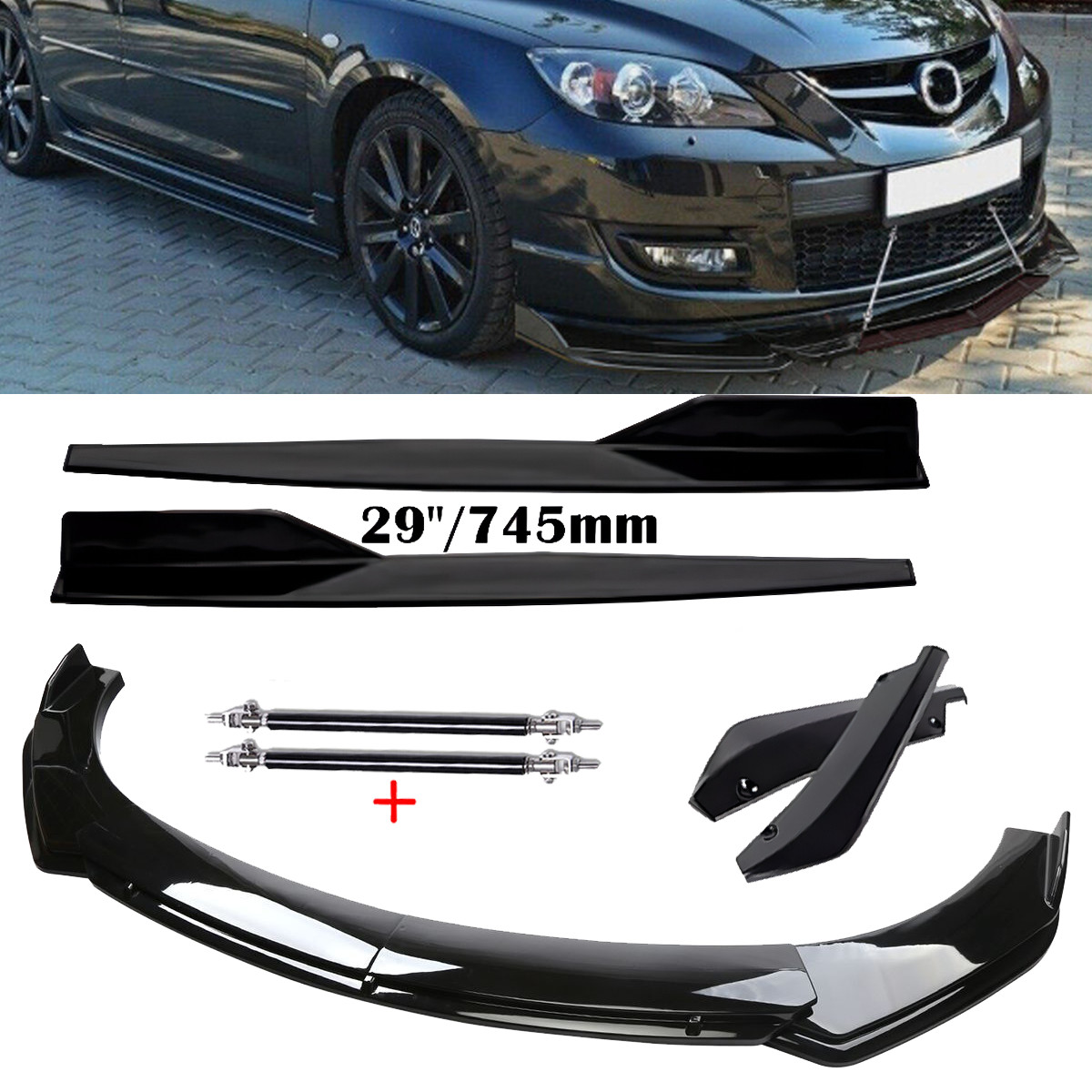 Front Bumper Rear Lip Spoiler Side Skirt For Mazda 3 Hatchback 2004-2021 Gloss