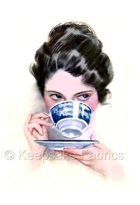 Lady Sipping Tea Cotton Crazy Quilt Block Multi Sizes