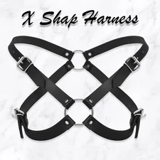 Real Cow Leather Men Harness, Black Adjustable Straps Buckle Body Chest Harness