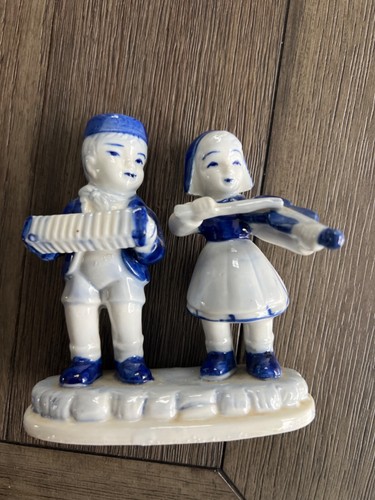 Vintage Dutch Boy And Girl Playing Instruments Blue & White Porcelain ...