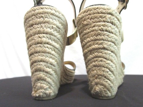 Isola Black & Gold Patent Leather Ankle Strap Espadrille Wedge Heel Sandals Sz 8 - Picture 8 of 12