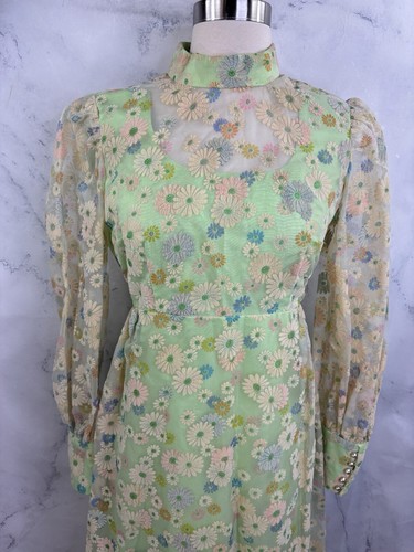 Maxi Vestido Vintage Años 60 1960 MOD 6 S Verde Gasa Flower Power Psicodélico Vestido - Imagen 8 de 22