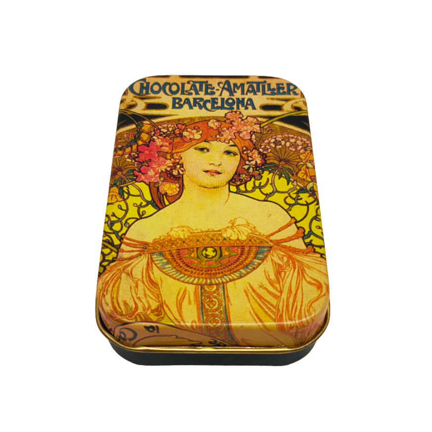 CHOCOLATE AMATLLER BARCELONA ART DECO FLOR NIÑA CAJA DE PUBLICIDAD ESTAÑO