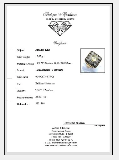 585 14K Gold 900 Silber Art Deco Jugendstil RG53 Ring 5 Ct Saphir 0,30Ct Diamant - Bild 3 von 4