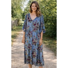 April Cornell Blue Floral Velvet Midi Dress Beaded V-Neck Smocked Sleeve Large