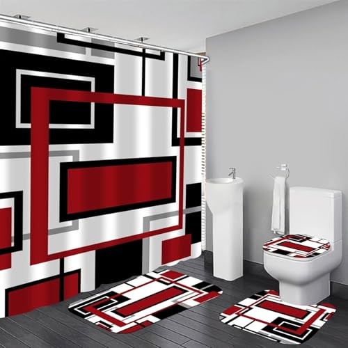 4 Pcs Red Geometric Shower Curtain Sets Non-Slip Rugs Bath Mat, Toilet Cover,