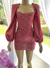 Pink Floral Bodycon Mini Dress Size 2 ASOS DESIGN Grid Extreme Puff Sleeve