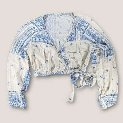 Maison d Amélie Paris Linen Blend Wrap Top S Blue White Tile Print Crop Boho