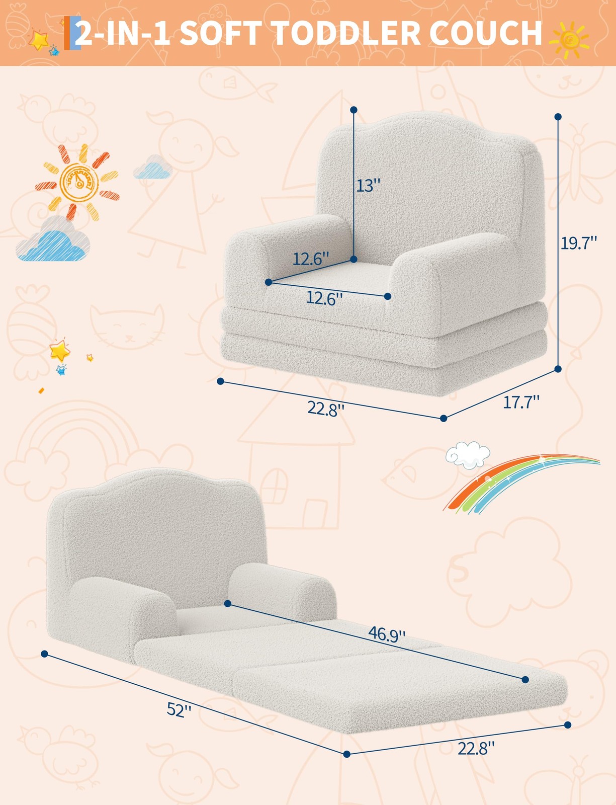 Divano per Bambini Pieghevole Poltrona per Bambini, 2 in 1 Divano Pieghevole e Letto per Neonati foto 6