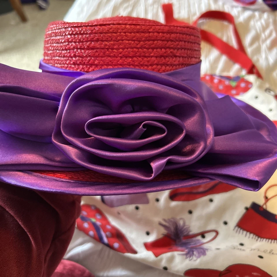 Sombrero de Paja Rojo Damas Sombrero Rojo Sociedad - Cinta Cualquier Bolso Foto 2 de 4