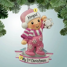 Personalized Baby Girl in Pajamas Holding Snowflake Christmas Ornament