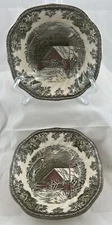 Set Of 2 Johnson Bros FRIENDLY VILLAGE Covered Bridge SQUARE CEREAL BOWLS 6”