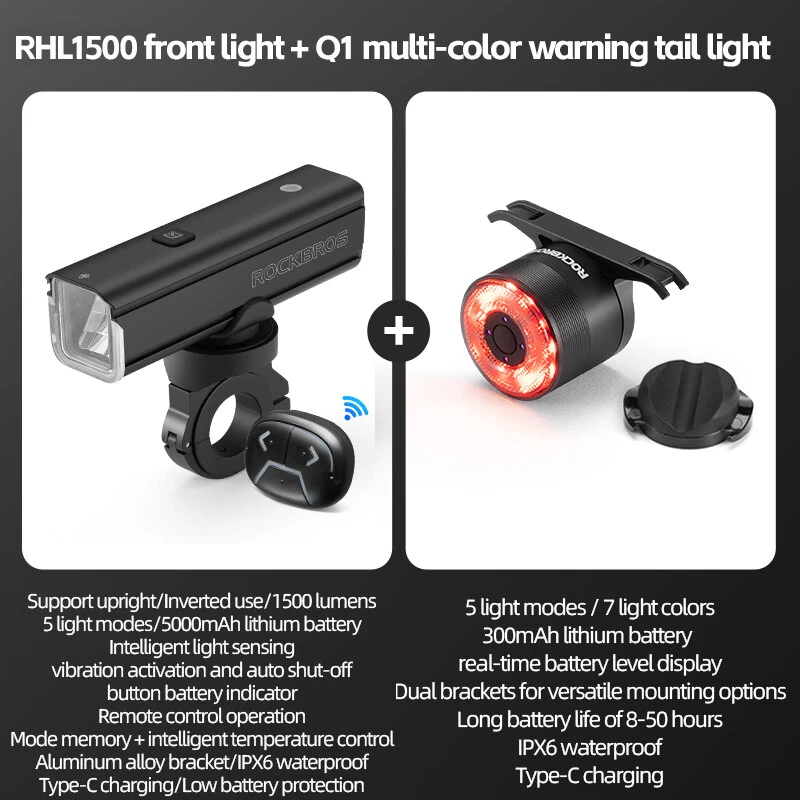 ROCKBROS Bicycle Light Sets MTB Bike Front Rear Lamp USB-C LED Headlight 1500LM - Image 4 of 4