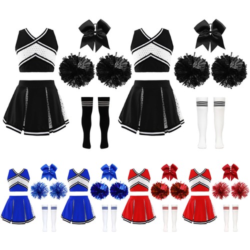 Kids Girl's Cheerleading Set Workout Top And Skirt With 1Pc Bowknot Sport - Picture 2 of 65