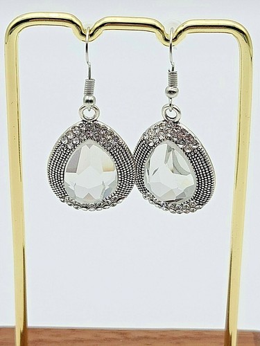Silver Shimmering Teardrop Dangling Earrings w Clear Crystals - Picture 3 of 6