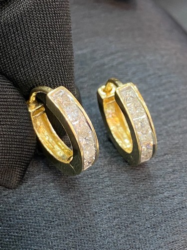0.96 Cts Princess Cut Natural Diamonds Channel Setting Hoop Earrings In 14K Gold - Picture 3 of 12