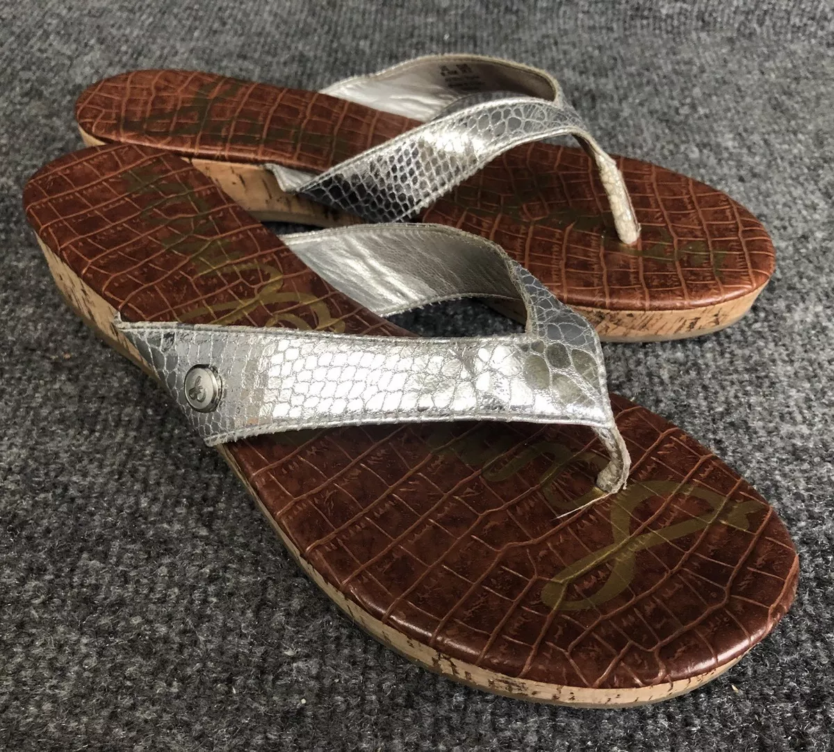 Sam Edelman Romy Silver Embossed Cork Wedge Flip Flop Sandals 8.5M