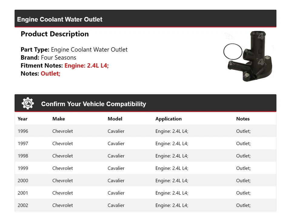 适用于 1996 - 2002 雪佛兰 Cavalier 2.4L L4 发动机冷却水插座 4 季 — 第 2/4 张图片