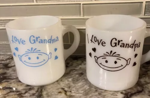 Vintage Milk Glass COFFEE MUGS I LOVE GRANDMA & I LOVE GRANDPA  Milk Glass Cup