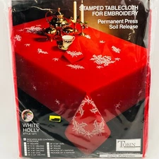 Tobin White Holly Package of 4 Napkins Red Stamped for Embroidery Style #1271