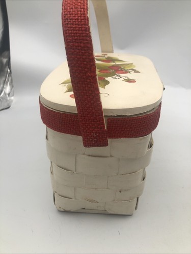 Basket Purse Wood Hinged Lid Handle Strawberries Design Lined 10”x6” - Picture 7 of 13